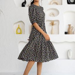 AASK Floral Print Crepe A-Line Midi Dress-image-58