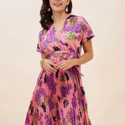 Antheaa Floral Printed Accordion Pleats Fit and Flare Dress-image-58