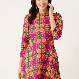 Sleek Italia Floral Print Square Neck Puff Sleeve Crepe A-Line Dress-image-46