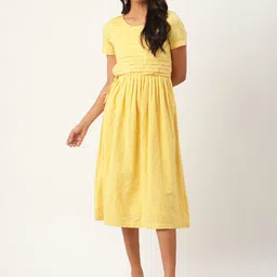 ROOTED Women Yellow Embroidered Fit & Flare Dress-picture-35