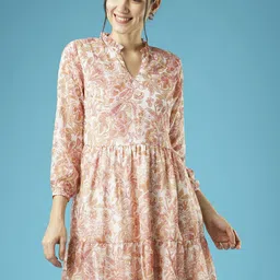 Globus Print Mandarin Collar Puff Sleeve Fit & Flare Dress-image-50