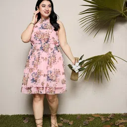 CURVE BY KASSUALLY Floral Printed Halter Neck Layered Georgette Fit & Flare Dress-image-29