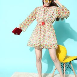 Indo Era Floral Print Tie-up Neck Flared Sleeves Georgette Fit & Flare Dress-image-74