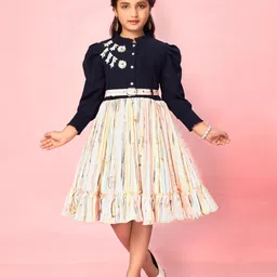 Muhuratam Girls Striped Printed Georgette Fit & Flare Dress With Belt-image-18