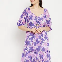Bitterlime Floral Printed Tie-Ups Detail Georgette Fit & Flare Dress-image-50