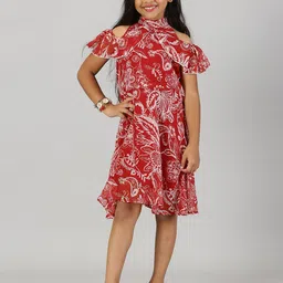 KiddoPanti Girls Floral Printed Cold-Shoulder Georgette Fit & Flare Dress-image-65