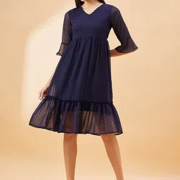 SWAGG INDIA Self Design Bell Sleeve Georgette Fit & Flare Dress-image-7