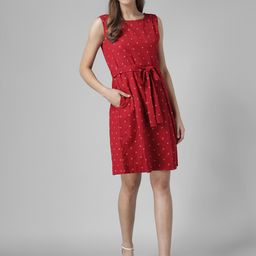Rudraaksha Creations Geometric Printed Belted Cotton Fit & Flare Dress-image-92