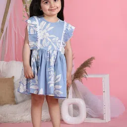 Cutiekins Girls Floral Printed Cotton Flared Flutter Sleeve Fit & Flare Dress-38