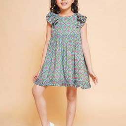 Little Bansi Girls Floral Printed Flutter Sleeve Fit & Flare Dress-image-93