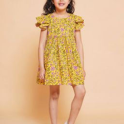 Little Bansi Girls Floral Printed Flutter Sleeve Fit & Flare Dress-36