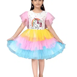 BAESD Multicoloured Unicorn Printed Layered Flutted Sleeves Net Fit & Flare Dress-2