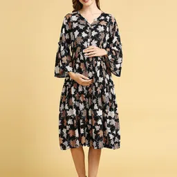 MomToBe Tropical Printed Boat Neck Bell Sleeves Fit & Flare Midi Maternity Dress-image-17