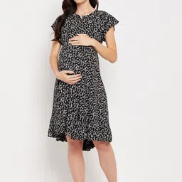 Hypernation Black Floral Print Maternity Fit & Flare Dress-18