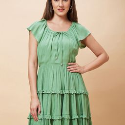 Globus Green Round Neck Gathered Tiered Fit & Flare Dress-image-98