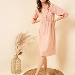 RARE Peach-Coloured Gathered Bell Sleeve Fit & Flare Dress-picture-17