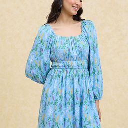 20Dresses Blue Floral Printed Round Neck Puff Sleeve Fit & Flare Dress-image-9