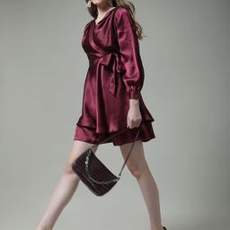 MISH Maroon V-Neck Cuffed Sleeves Satin A-Line Dress-image-18