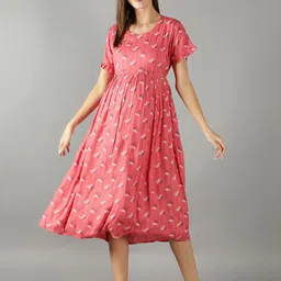 NIGHTSPREE Peach-Coloured Floral Printed Maternity A-Line Midi Dress-picture-1