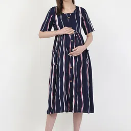 MYLO ESSENTIALS Women Navy Blue Striped Maternity & Nursing Maxi Dress-image-47