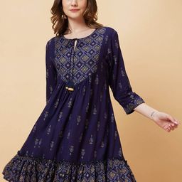 Globus Printed Yoke Design Gathered & Flared A-Line Dress-picture-3