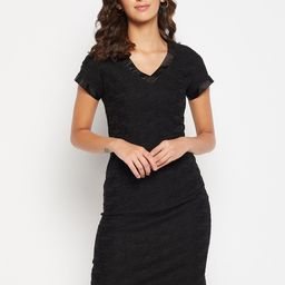 Crozo By Cantabil Women Black Self Design V-Neck Sheath Dress-image-41