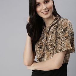 SHOWOFF Women Beige & Black Animal Tie-Up Neck Sheath Dress-image-17