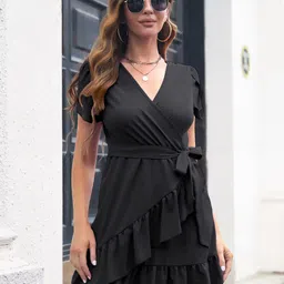 StyleCast Black Flutter Sleeves Ruffled Wrap Dress-picture-1