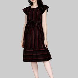 Kinjo Striped Cap Sleeves Belted Cotton A-Line Dress-image-38