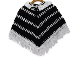 CHUTPUT Infant Girl Black & White Striped Hand Knitted Crochet Poncho with Fringed Detail-8