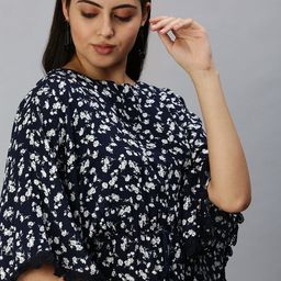 SHOWOFF Navy Blue Floral A-Line Dress-image-58