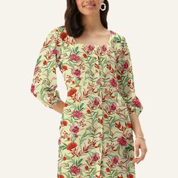 DressBerry Women Yellow Square Neck Floral Sheath Dress-image-9