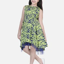StyleStone Yellow Printed Net Hi-Lo Dress-image-33