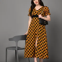 Justin Whyte Polka Dots Printed Georgette Fit and Flare Maxi Dress-picture-5