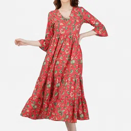 GULAB CHAND TRENDS Floral Printed Cotton V-Neck Bell Sleeves Wrap Midi Dress-image-62