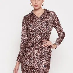 Madame Animal Printed Shirt Collar Sheath Mini Dress-image-59