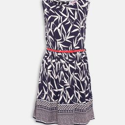 Oxolloxo Navy Blue & Off White Tropical Satin A-Line Dress-image-49