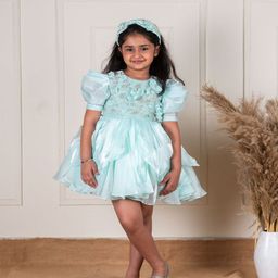Li'l Angels Floral Puff Sleeve Satin A-Line Embroidery Dress-picture-43