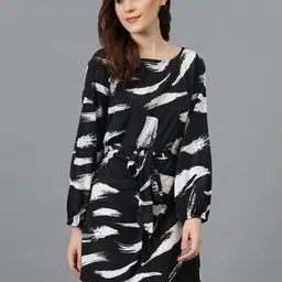 Kotty Black & White Abstract Printed Satin A-Line Dress-picture-32