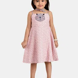 Peppermint Girls Pink & Grey Floral Printed Satin A-Line Dress-image-38