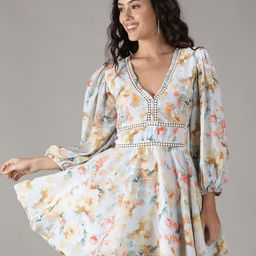 smisingbee Floral Print Puff Sleeve Chiffon A-Line Dress-image-54