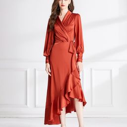 JC Collection V-Neck Cuffed Sleeves Ruffles Detailed A-Line Midi Dress-picture-43