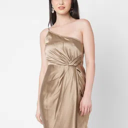 MISH Bronze-Toned One Shoulder Satin Sheath Dress-picture-49