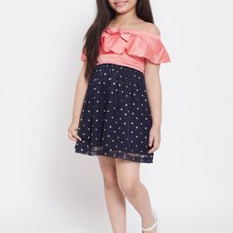 Stylo Bug Girls & Navy Blue Peach-Coloured Printed Fit and Flare Dress-image-83