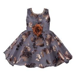 Wish Karo Girls Grey & Brown Printed Fit and Flare Dress-2
