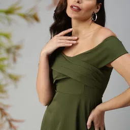 SHOWOFF Olive Green Fit and Flare Dress-image-2