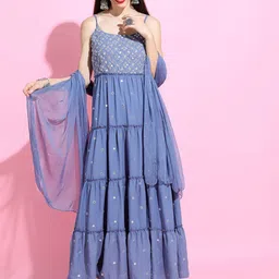 Vishudh Women Stunning Blue & Silver-Coloured Strappy Tiered Dress With Dupatta-picture-46