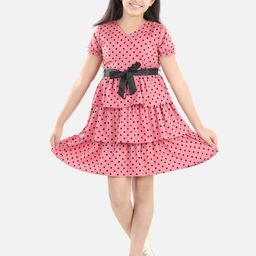 StyleStone Girls Pink Polka Dot Printed Tiered Crepe Dress-image-34