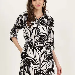 DRIRO Black Floral Printed Belted Shirt Dress-image-23