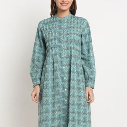 FAABRIQ Geometric Printed Mandarin Collar Cuffed Sleeves Cotton Linen Fit & Flare Dress-image-70